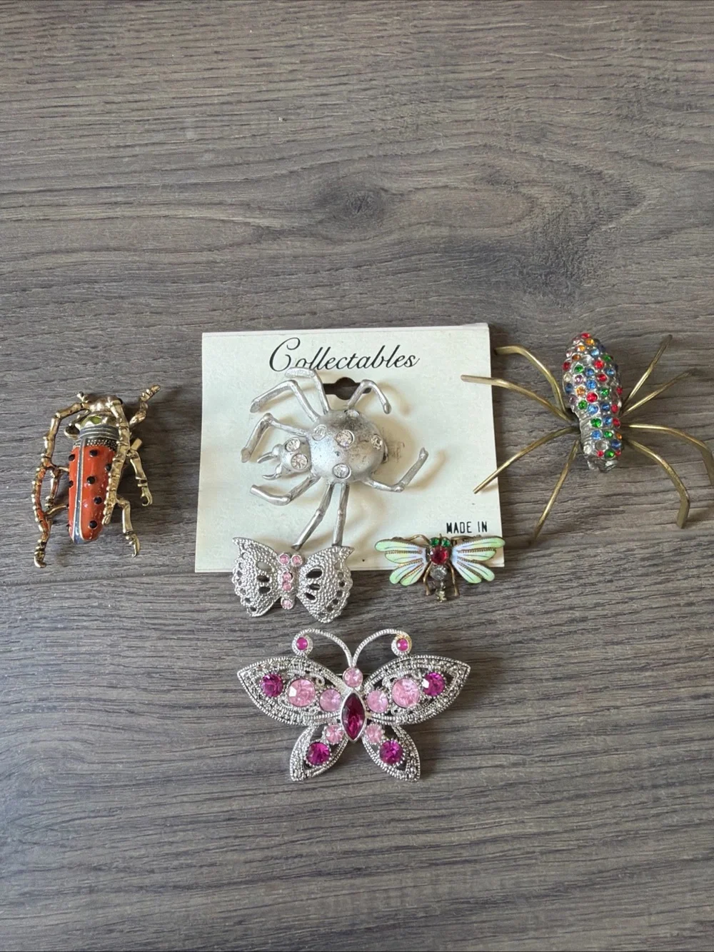 6 vintage Bugs,Butterflies & Spider Pins Brooches Enamel , Pink Rhinestones….